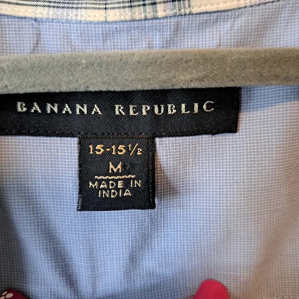 Banana Republic Mens Plaid Button Down Shirt Blue White Epaulets Medium 15-15.5